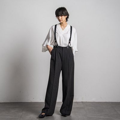 サスペンダー付きピンストライプワイドパンツ≪洗濯機で洗える≫