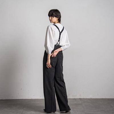 サスペンダー付きピンストライプワイドパンツ≪洗濯機で洗える≫