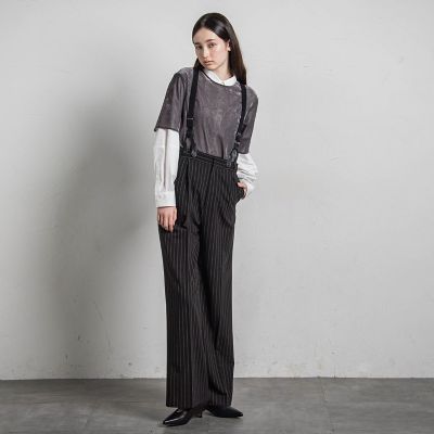 サスペンダー付きピンストライプワイドパンツ≪洗濯機で洗える≫