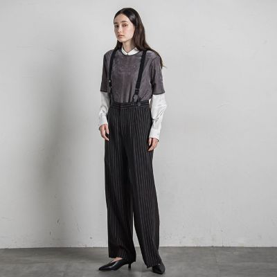 サスペンダー付きピンストライプワイドパンツ≪洗濯機で洗える≫
