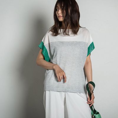【新色追加】ＵＶカット配色ハイゲージニットプルオーバー≪手洗い可能≫
