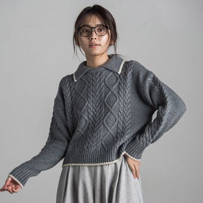 【カタログ掲載】襟付きケーブルニットプルオーバー≪手洗い可能≫