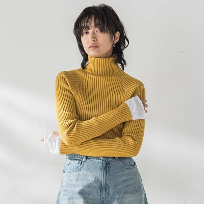 マイヨ maillot ウール エルボーパッチ ハイネックニットプルオーバー 0/ブラウン トップス【2400013935036】 セール】 ブランケットステッチニット ワイドプルオーバー