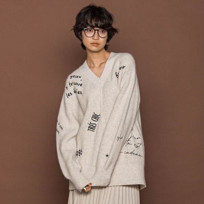 グレー Vネック セーター ロゴ刺繍 ラディエイト RADIATE ロゴ刺繍Vネックニット （グレー） -靴