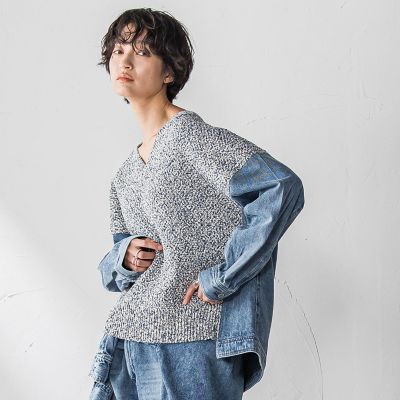デニムドッキングVネックニットプルオーバー≪洗濯機で洗える