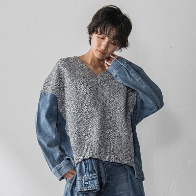 デニムドッキングVネックニットプルオーバー≪洗濯機で洗える