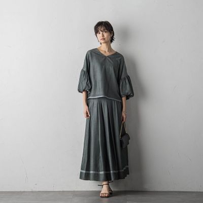 MAYSON GREYシャンブレー×シアーVネックブラウス　人気完売商品 シャンブレー×シアーVネックブラウス≪セットアップ対応／手洗い可能