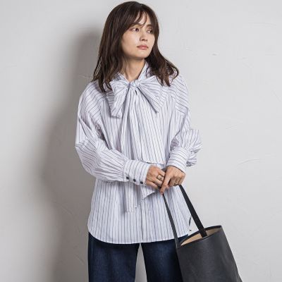 ストライプボウタイボリュームブラウス≪洗濯機で洗える