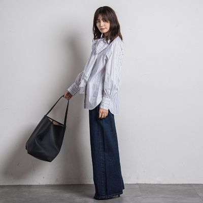 ストライプボウタイボリュームブラウス≪洗濯機で洗える