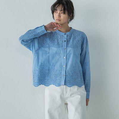 叶えるスカラップ刺繍クロップドシャツ≪手洗い可能≫