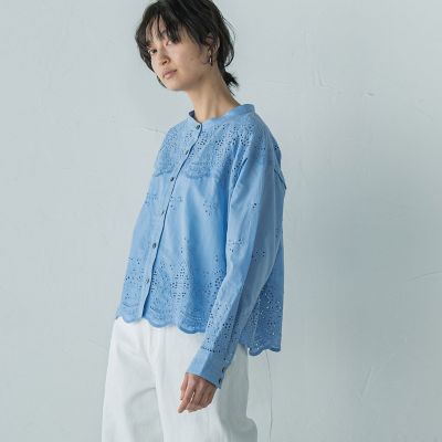 叶えるスカラップ刺繍クロップドシャツ≪手洗い可能≫