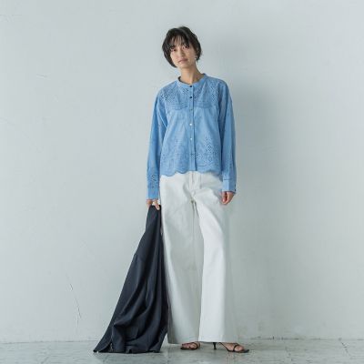 叶えるスカラップ刺繍クロップドシャツ≪手洗い可能≫