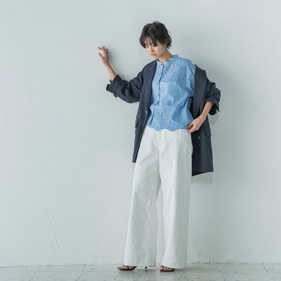 叶えるスカラップ刺繍クロップドシャツ≪手洗い可能≫
