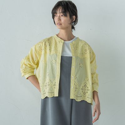 叶えるスカラップ刺繍クロップドシャツ≪手洗い可能≫