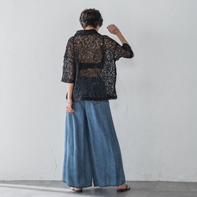 ❤️nana❤️GREY【Lサイズ】& IVORY【Mサイズ】 WEB限定】コード刺繍レースワイドシャツ≪手洗い可能