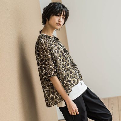 レオパード柄フロントリボンブラウス≪洗濯機で洗える≫