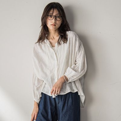 ペイズリー柄総刺繍綿ボイルギャザーブラウス≪手洗い可能