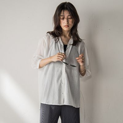 WEB限定】バンドカラー楊柳7分袖シャツ≪洗濯機で洗える