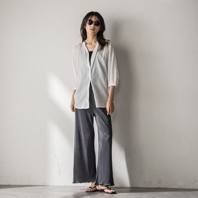 WEB限定】バンドカラー楊柳7分袖シャツ≪洗濯機で洗える