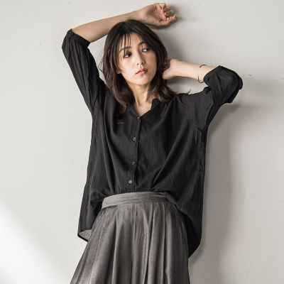 WEB限定】バンドカラー楊柳7分袖シャツ≪洗濯機で洗える