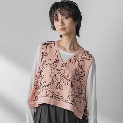tumugu メッシュ×ボイル刺繍　サイドリボンベスト tumugu ツムグ キャンブリック コットンメッシュ 2way ベスト tb26118