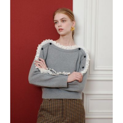 ショルダーレース釦プルオーバー　 グレー2サイズ allureville｜【LOULOU WILLOUGHBY】ショルダーレース釦プルオーバー