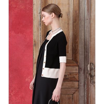 ◇バイカラーキーネック5分袖カーディガン | allureville (Women