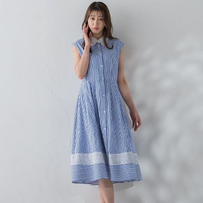 ＜QUEENS COURT（Women）＞レース衿ストライプシャツワンピース≪洗濯機で洗える≫