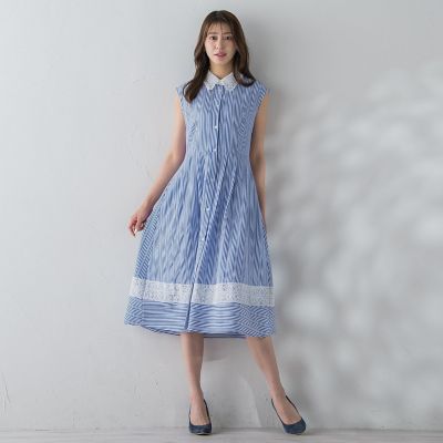 極美品　クイーンズコート　レース衿ストライプシャツワンピース　洗濯機で洗える　白 レース衿ストライプシャツワンピース≪洗濯機で洗える