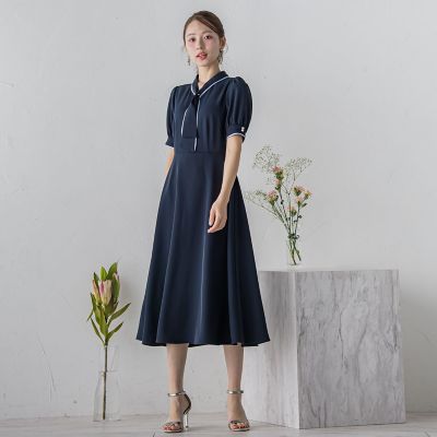 【美品】CORCOVADO　ボウタイワンピース　36　総柄　ブルー　ホワイト現行 ハートラインボウタイワンピース （ミニ丈・ひざ丈ワンピース