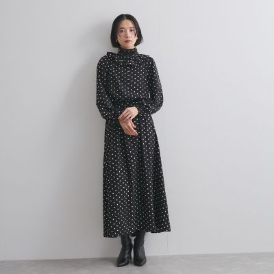 ドットフリルボウタイワンピース≪洗濯機で洗える≫
