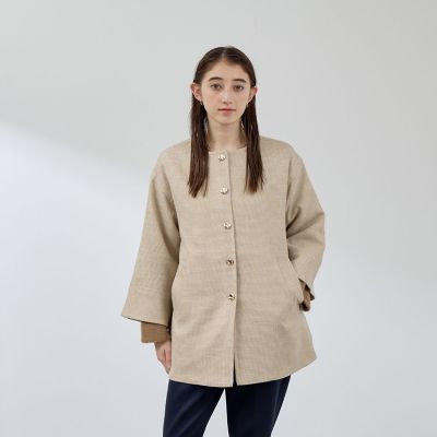 ＜QUEENS COURT（Women）＞ツィード調ハウンドトゥースノーカラーコート≪手洗い可能≫