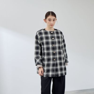ツィーディチェックノーカラーコート≪手洗い可能≫ | QUEENS COURT