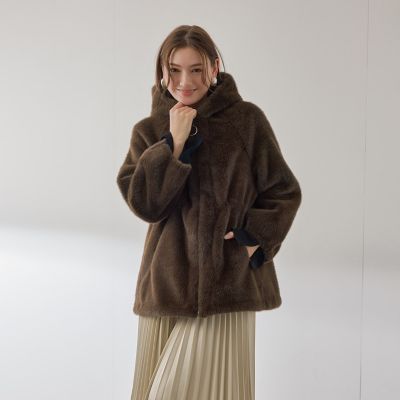 チョコレートブラウンミンクXカシミヤ　ショートフードジレ ミンクファー スタンドネックショートコート Eimee Law│Eimee Law