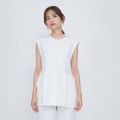 ノーカラーペプラムブラウスジレ≪セットアップ対応／手洗い可能