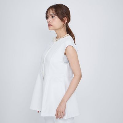 ノーカラーペプラムブラウスジレ≪セットアップ対応／手洗い可能