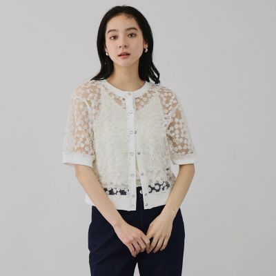 ＜QUEENS COURT（Women）＞フラワー刺繍テキスタイルカーディガン