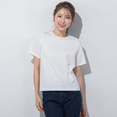 ＜QUEENS COURT（Women）＞パールネックトップス≪手洗い可能≫