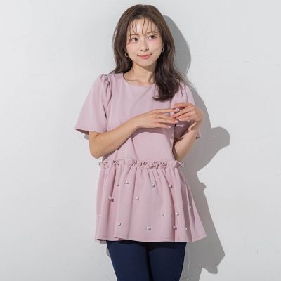 パール付きペプラムトップス≪手洗い可能≫