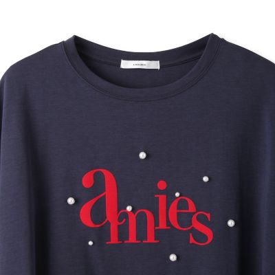 【LHELBIE】パール付きロゴプリントTシャツ≪洗濯機で洗える≫ LHELBIE】パール付きロゴプリントTシャツ≪洗濯機で洗える