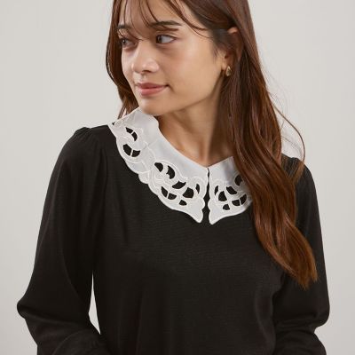 ＜QUEENS COURT（Women）＞レースカラーラメＭＩＸカットソー≪手洗い可能≫