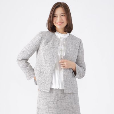 ＜TRANSWORK (Women)＞【美シリーズ】【ウォッシャブル】【セットアップ対応】カラミファンシーツイードノーカラージャケット