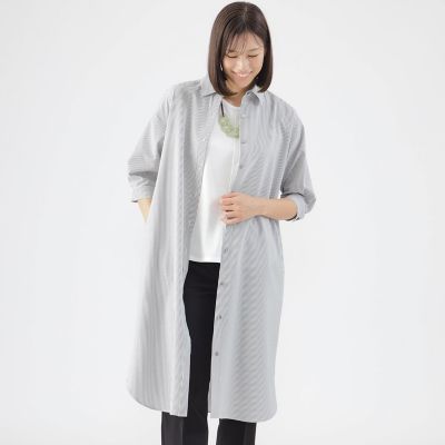 ＜TRANSWORK (Women)＞【吸水速乾】【防しわ】【ウォッシャブル】コードレーンストライプシャツワンピース