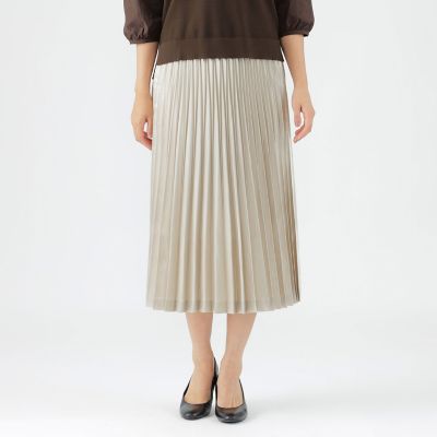 ＜TRANSWORK (Women)＞【ウォッシャブル】レザーライクサテンプリーツスカート