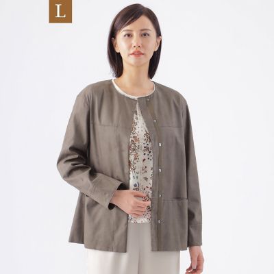 ＜TRANSWORK L (Women/大きいサイズ)＞【Ｌ】【ウォッシャブル】ストレッチスエードノーカラージャケット