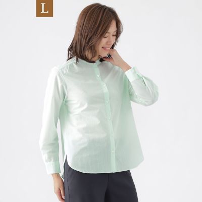 ＜TRANSWORK L (Women/大きいサイズ)＞【Ｌ】【ウォッシャブル】エアリーコットンストライプシャツブラウス