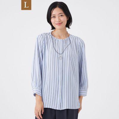 ＜TRANSWORK L (Women/大きいサイズ)＞【Ｌ】【ウォッシャブル】バックサテンストライプブラウス
