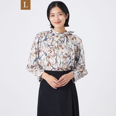 ＜TRANSWORK L (Women/大きいサイズ)＞【Ｌ】【ウォッシャブル】タッセルプリントトップス