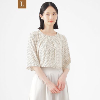 ＜TRANSWORK L (Women/大きいサイズ)＞【Ｌ】【ウォッシャブル】ラインキューブプリントコンビブラウス