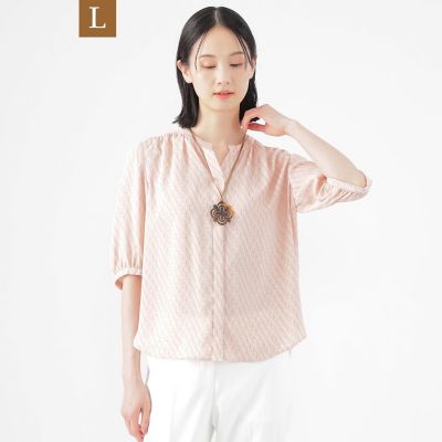 ＜TRANSWORK L (Women/大きいサイズ)＞【Ｌ】【ＵＶ対策】【ウォッシャブル】ラインキューブプリントキーネックブラウス